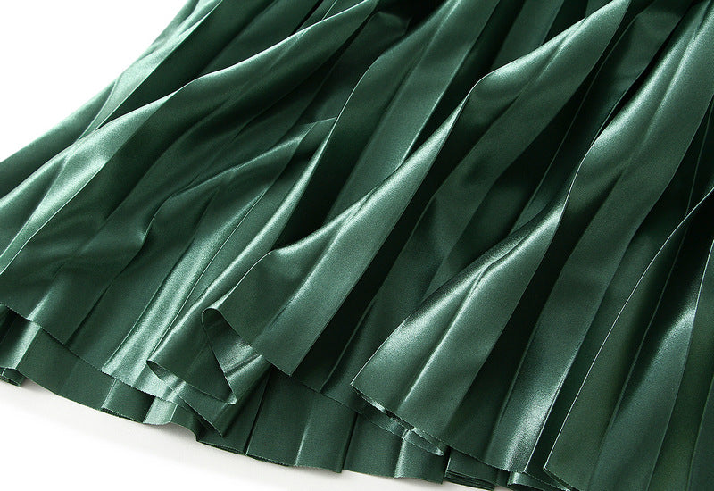 High-Gloss Pleated A-Line Skirt - 8059_GREEN