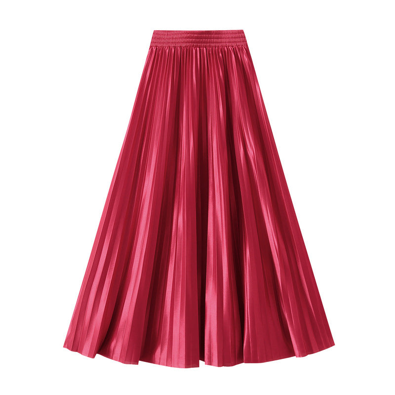 High-Gloss Pleated A-Line Skirt - 8059_GREEN