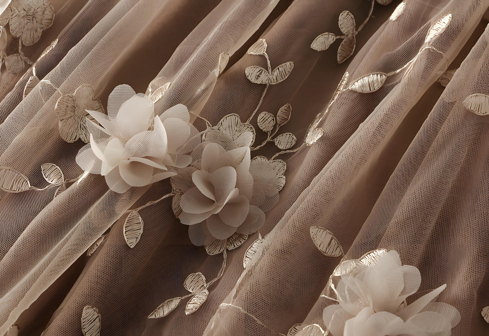 Flower Embellished and Embroidered Mesh A-Line Skirt With Satin Lining - 8692_KHAKI