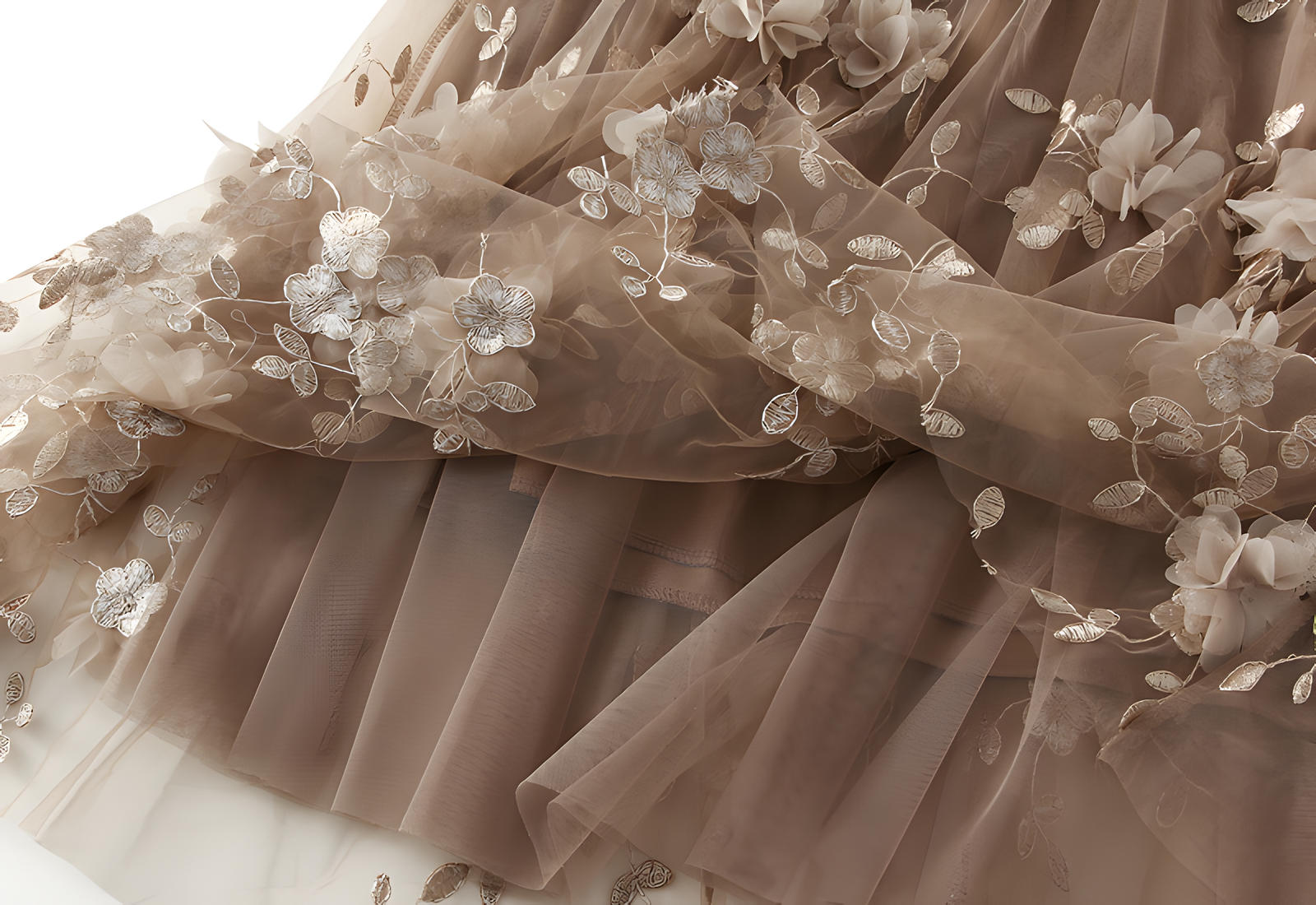 Flower Embellished and Embroidered Mesh A-Line Skirt With Satin Lining - 8692_KHAKI