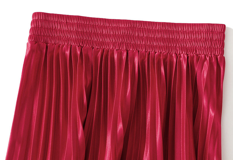 High-Gloss Pleated A-Line Skirt - 8059_RED