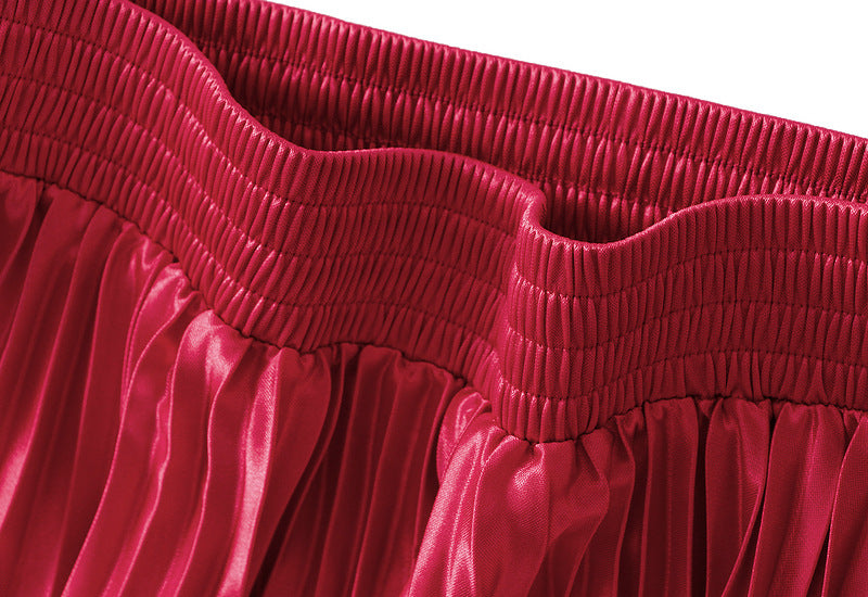 High-Gloss Pleated A-Line Skirt - 8059_RED