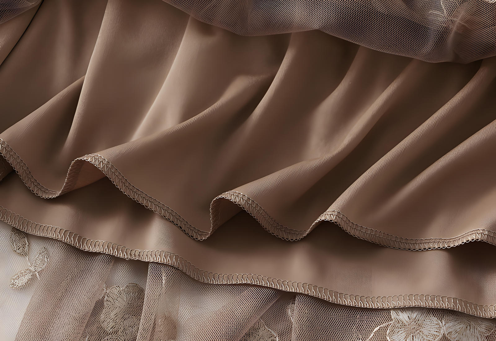 Flower Embellished and Embroidered Mesh A-Line Skirt With Satin Lining - 8692_KHAKI