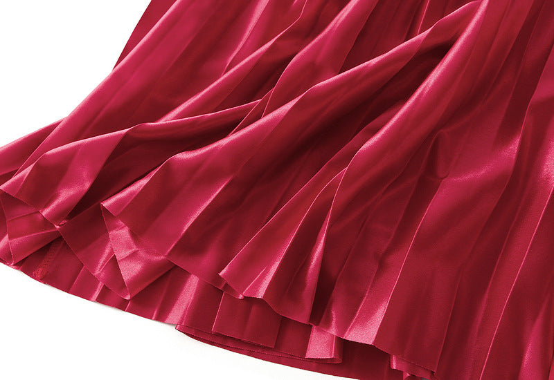 High-Gloss Pleated A-Line Skirt - 8059_RED