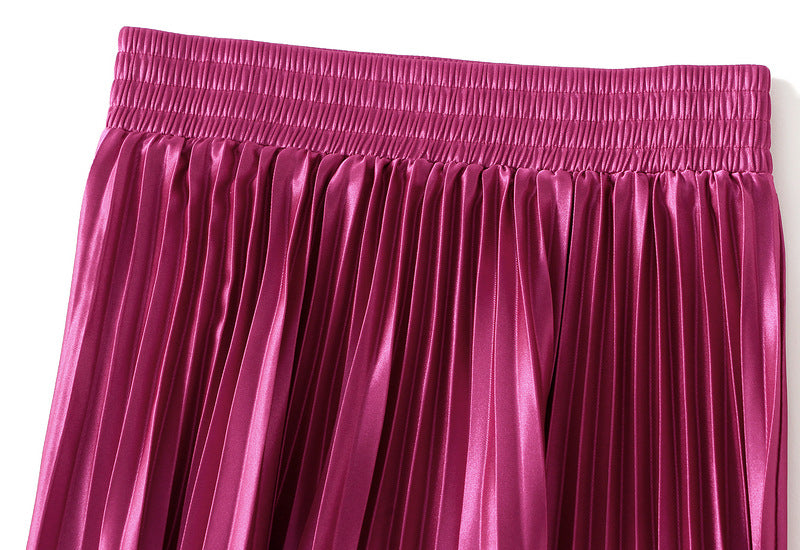 High-Gloss Pleated A-Line Skirt - 8059_PURPLE
