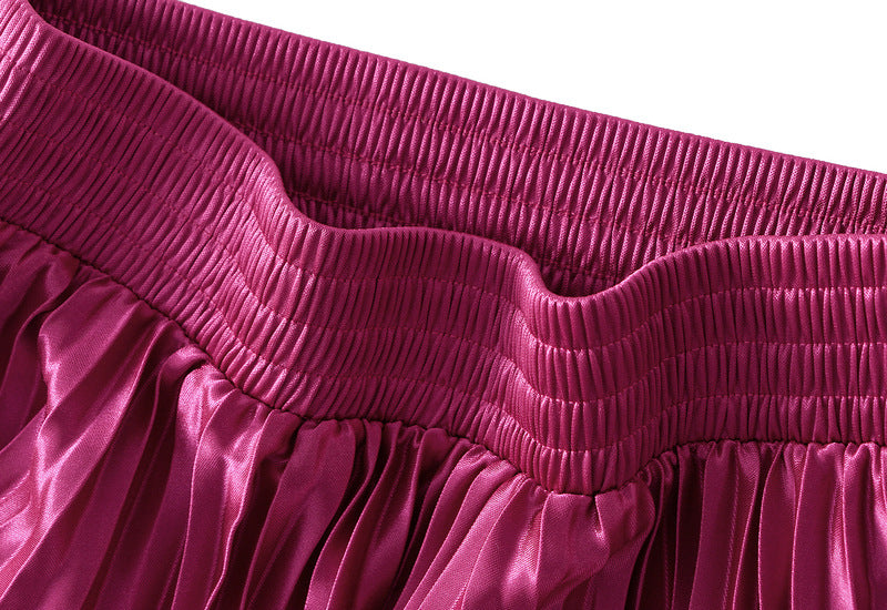 High-Gloss Pleated A-Line Skirt - 8059_PURPLE