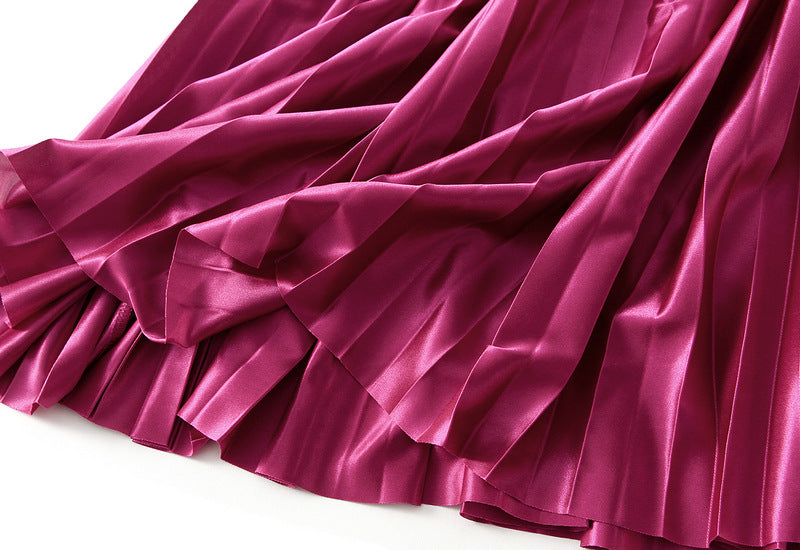 High-Gloss Pleated A-Line Skirt - 8059_PURPLE