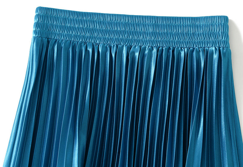 High-Gloss Pleated A-Line Skirt - 8059_PEACOCKBLUE