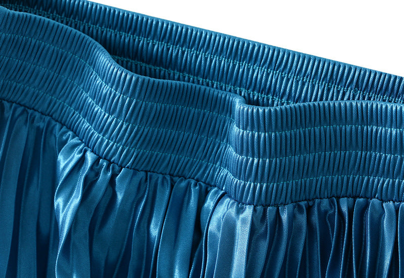 High-Gloss Pleated A-Line Skirt - 8059_PEACOCKBLUE
