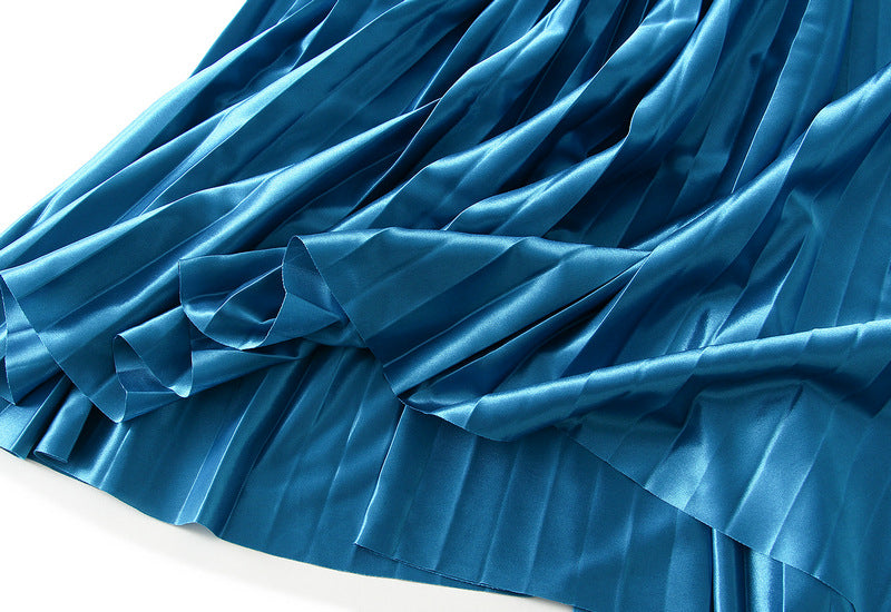 High-Gloss Pleated A-Line Skirt - 8059_PEACOCKBLUE