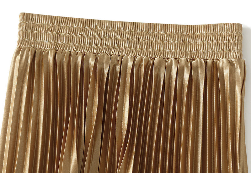 High-Gloss Pleated Golden A-Line Skirt - 8059_YELLOW