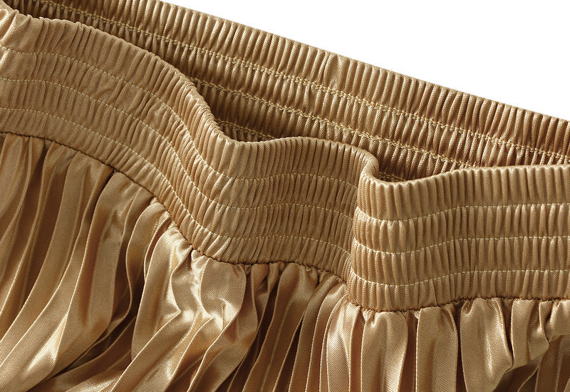 High-Gloss Pleated Golden A-Line Skirt - 8059_YELLOW