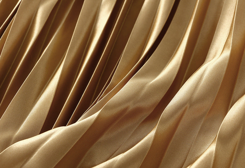 High-Gloss Pleated Golden A-Line Skirt - 8059_YELLOW