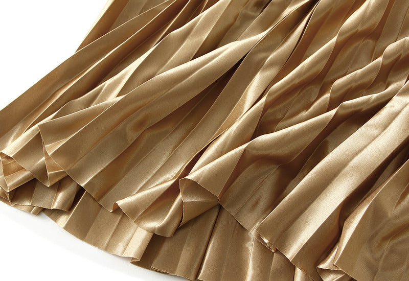High-Gloss Pleated Golden A-Line Skirt - 8059_YELLOW