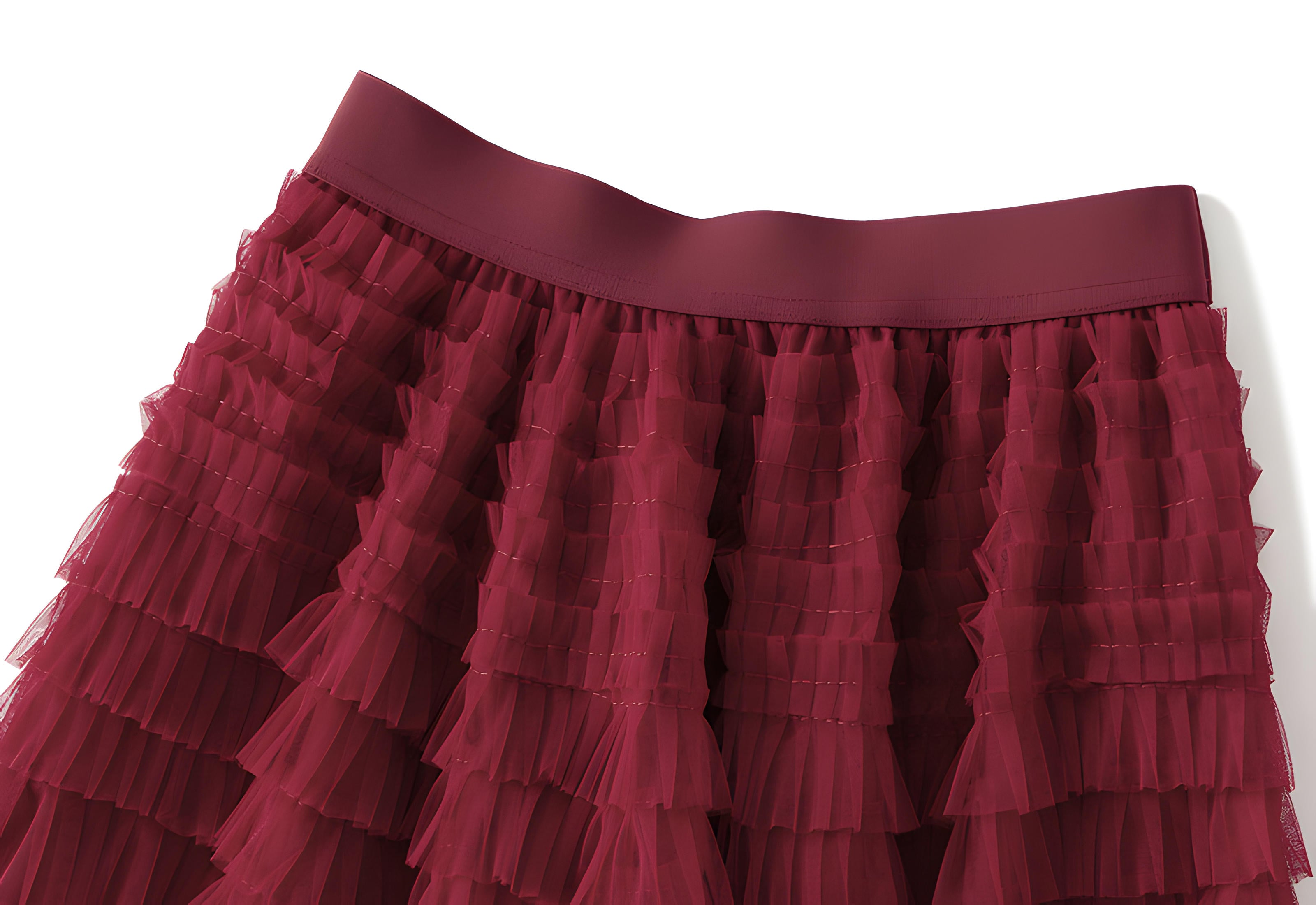 Heavy Mesh Gauze Multilayer Long Skirt With Satin Lining - 2210_WINE RED