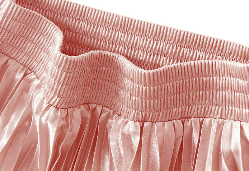 High-Gloss Pleated A-Line Skirt - 8059_PINK