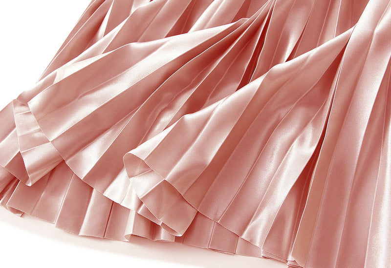 High-Gloss Pleated A-Line Skirt - 8059_PINK