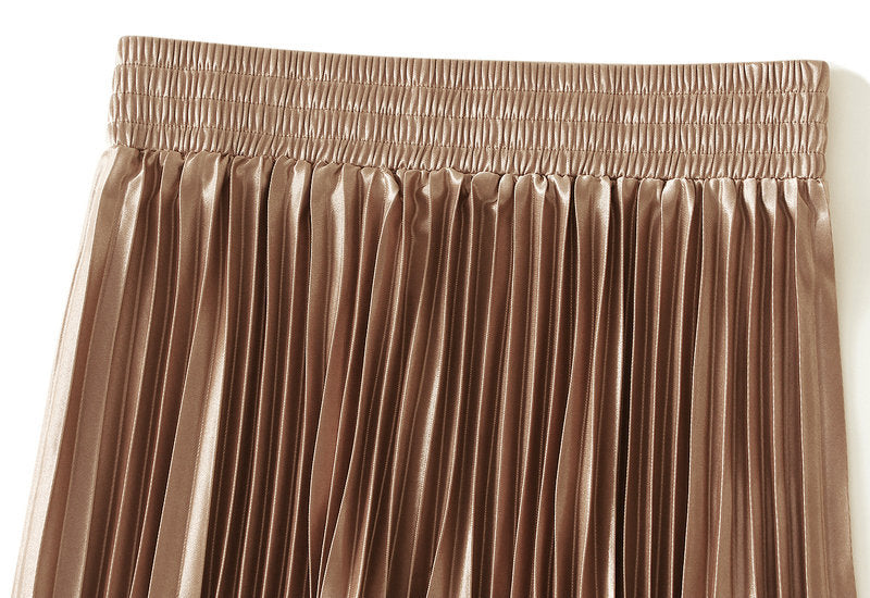 High-Gloss Pleated A-Line Skirt - 8059_KHAKI