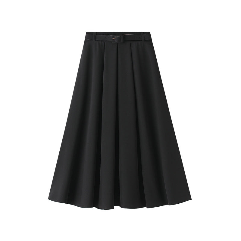 Black Pleated A-Line Midi Skirt with Belt