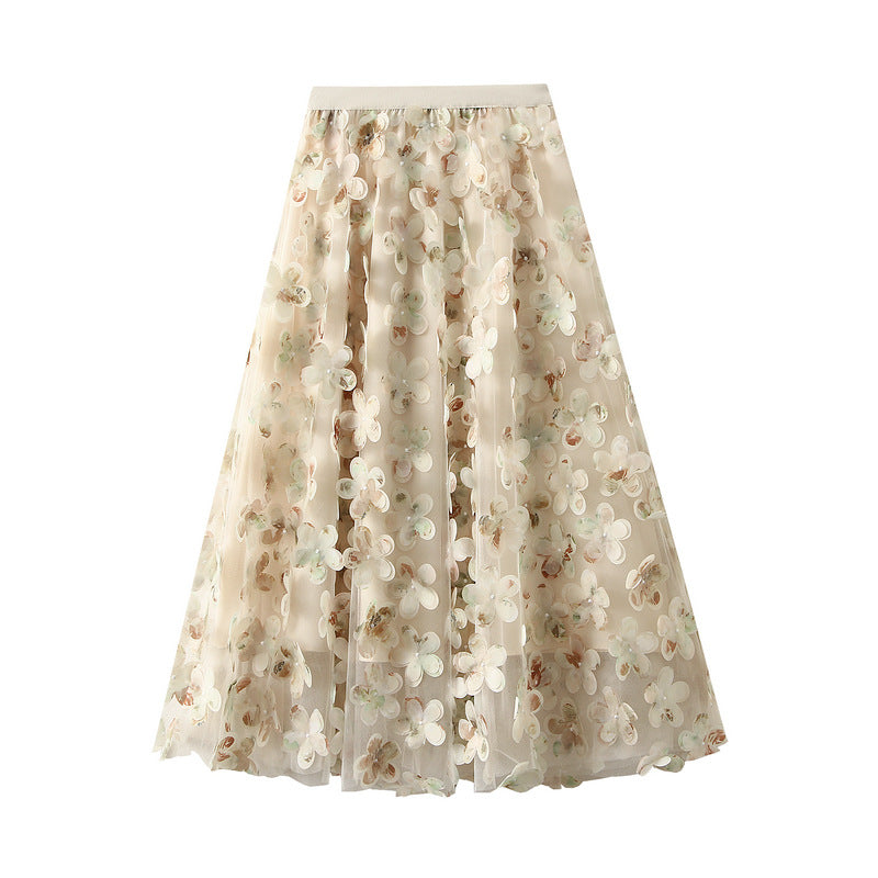 3D Floral Appliqué Mesh Skirt in Champagne Bloom