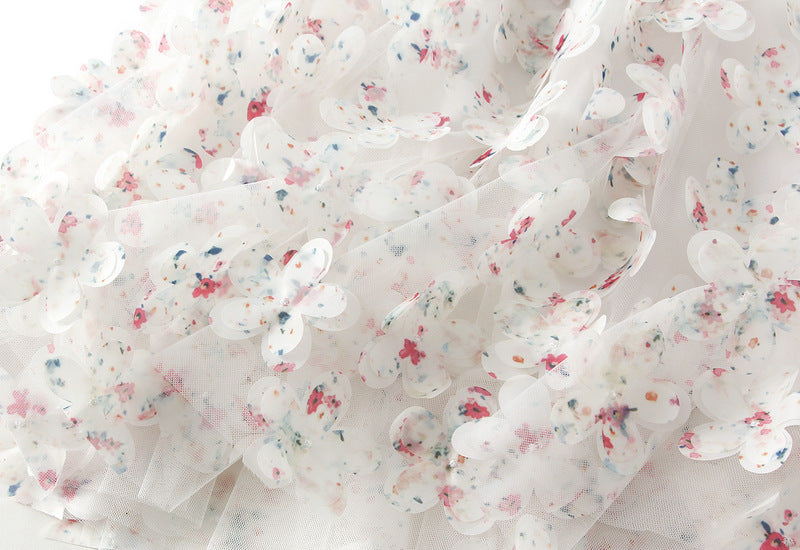 3D Floral Appliqué Mesh Skirt in Morning Haze
