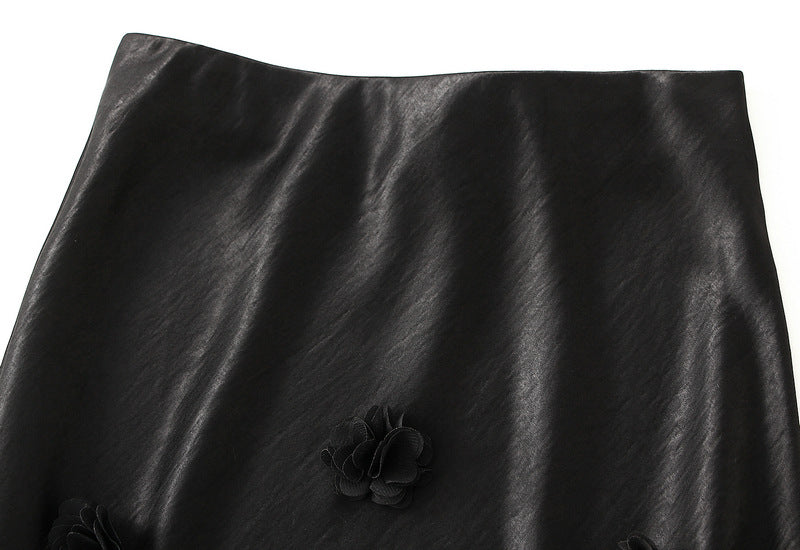 Black Floral Applique Slip Skirt