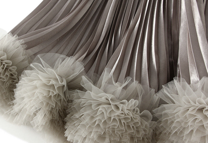 Champagne Pleated Tulle Hem Velvet Skirt