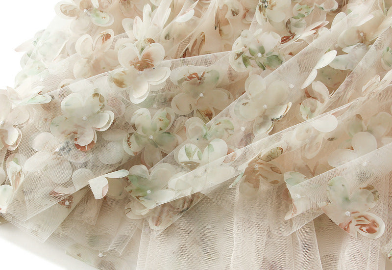 3D Floral Appliqué Mesh Skirt in Champagne Bloom