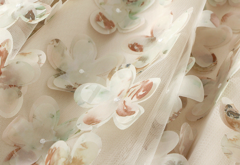 3D Floral Appliqué Mesh Skirt in Champagne Bloom