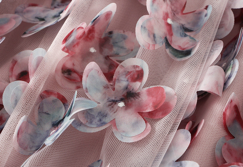 3D Floral Appliqué Mesh Skirt in Blush Pink