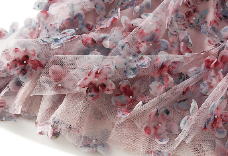 3D Floral Appliqué Mesh Skirt in Blush Pink