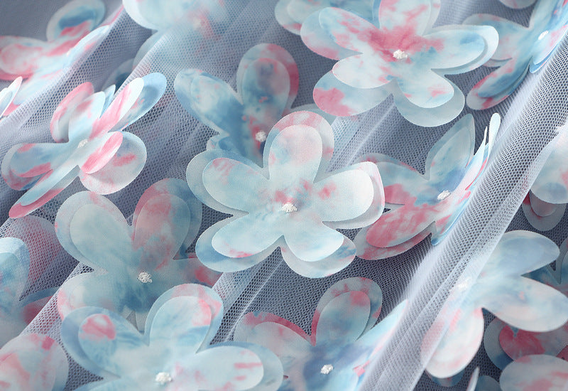 3D Floral Appliqué Mesh Skirt in Cloudlight Blue