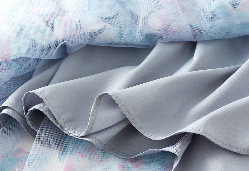 3D Floral Appliqué Mesh Skirt in Cloudlight Blue