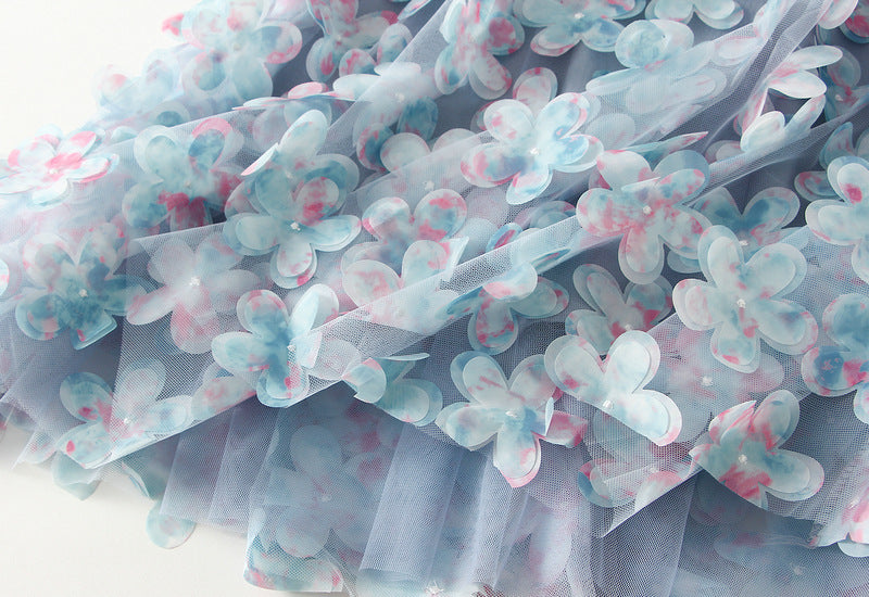 3D Floral Appliqué Mesh Skirt in Cloudlight Blue
