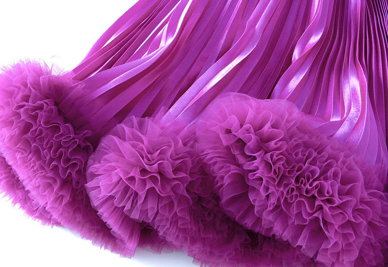 Magenta Pink Pleated Tulle Hem Velvet Skirt