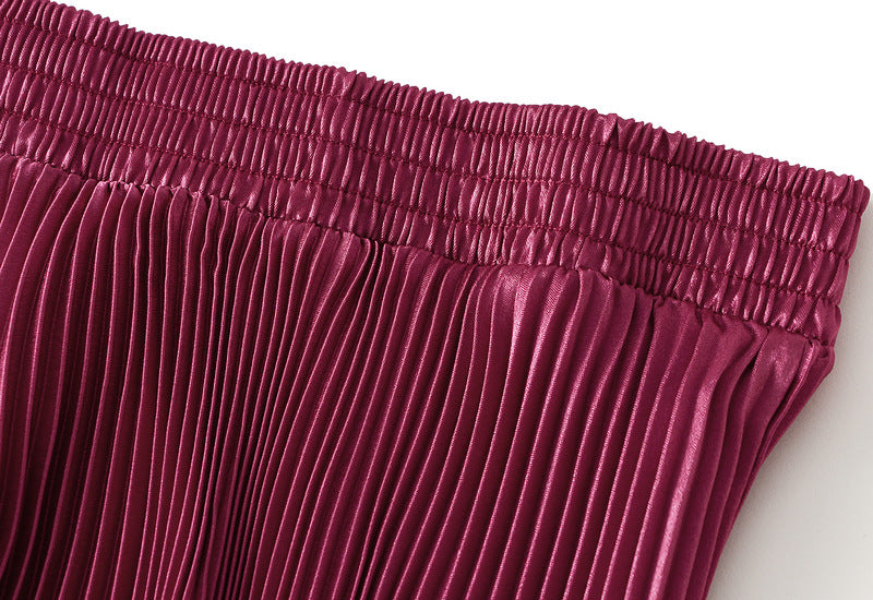 Burgundy Sculpted Pleats Big Swing Velvet Skirt