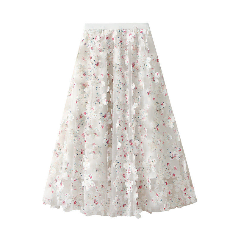 3D Floral Appliqué Mesh Skirt in Morning Haze