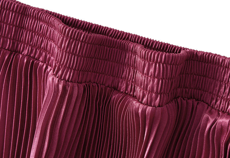 Burgundy Sculpted Pleats Big Swing Velvet Skirt