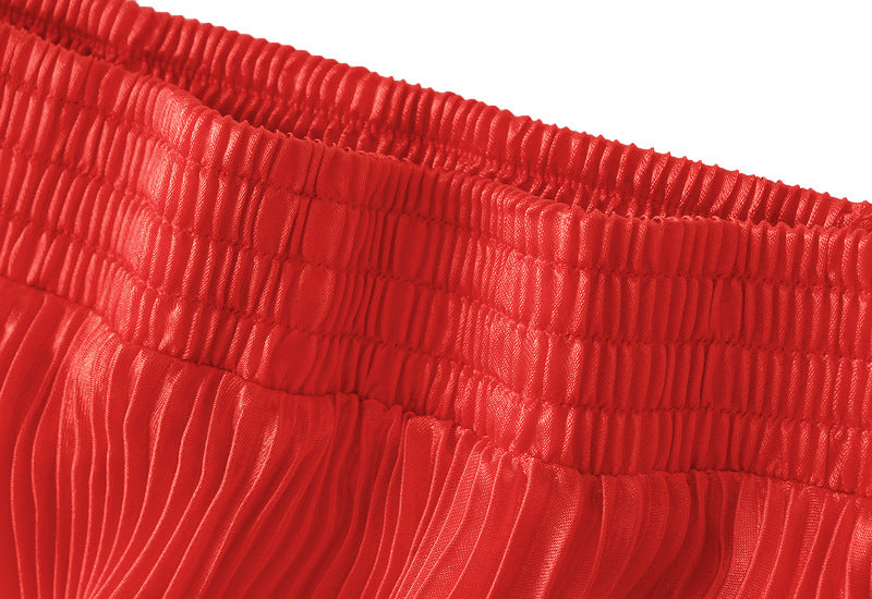 Coral Red Pleated Tulle Hem Velvet Skirt