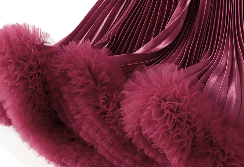 Burgundy Sculpted Pleats Big Swing Velvet Skirt