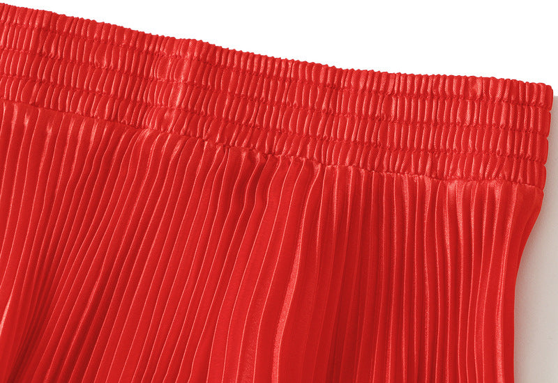 Coral Red Pleated Tulle Hem Velvet Skirt