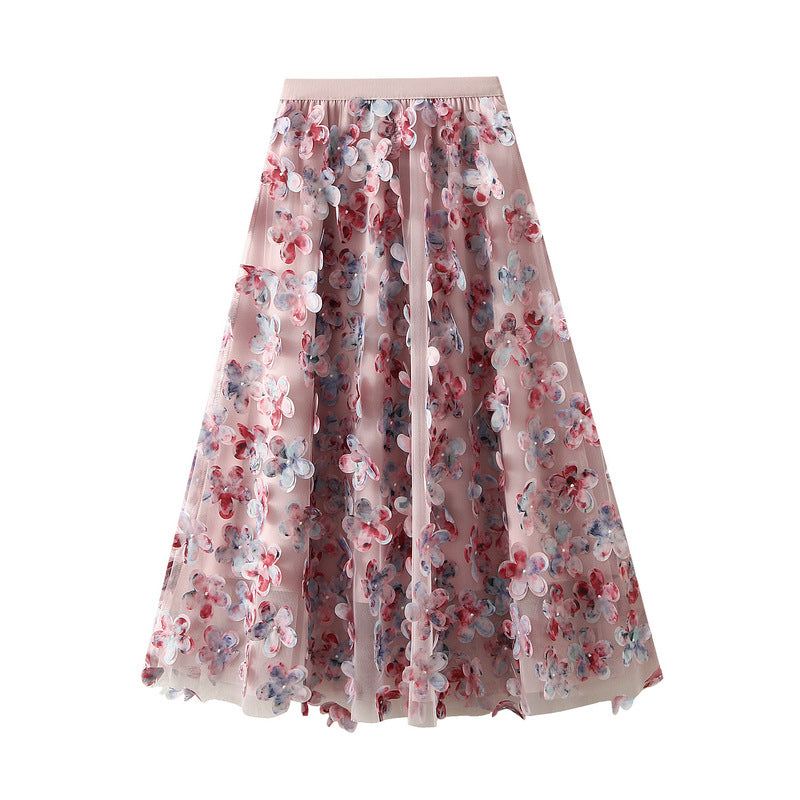 3D Floral Appliqué Mesh Skirt in Blush Pink
