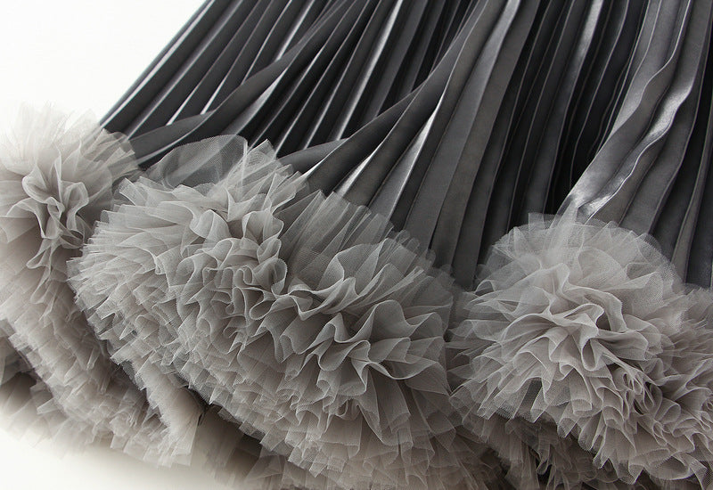 Charcoal Grey Pleated Tulle Hem Velvet Skirt