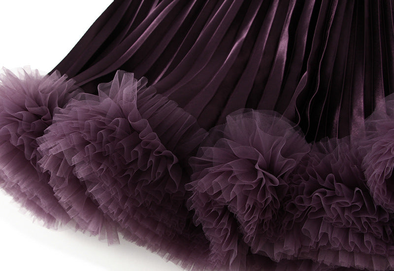 Plum Purple Pleated Tulle Hem Velvet Skirt