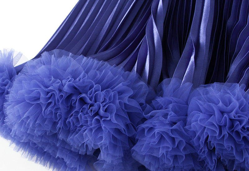 Navy Blue Pleated Tulle Hem Velvet Skirt