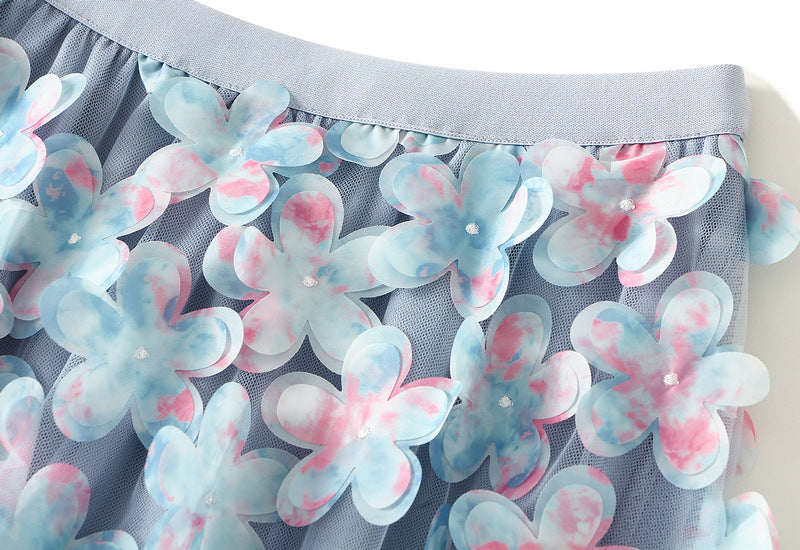 3D Floral Appliqué Mesh Skirt in Cloudlight Blue