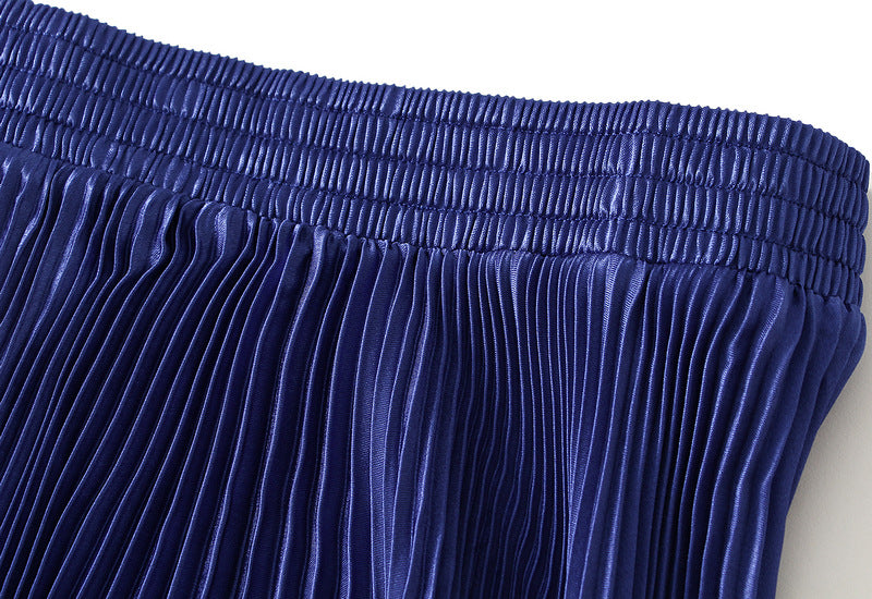Navy Blue Pleated Tulle Hem Velvet Skirt