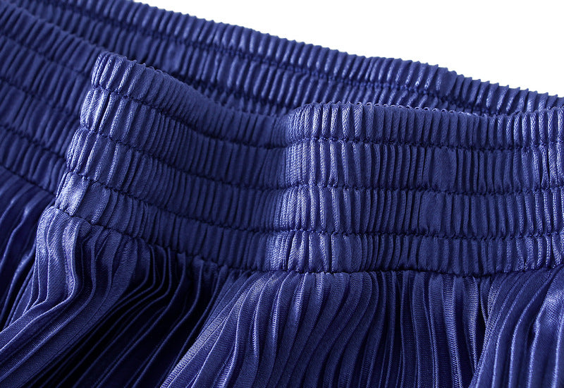 Navy Blue Pleated Tulle Hem Velvet Skirt