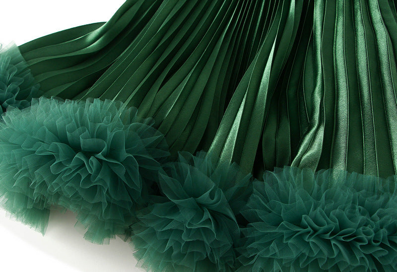 Green Pleated Tulle Hem Velvet Skirt