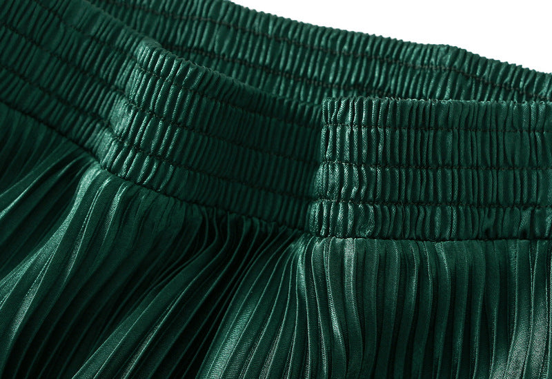 Emerald Green Pleated Tulle Hem Velvet Skirt